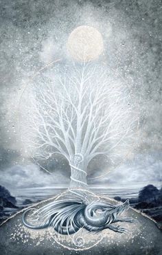 a painting of a tree with a dragon on it's back and the moon in the background