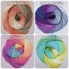 four skeins of yarn in different colors and sizes, with the words 108 ember mystery on them