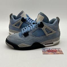 Elevate your sneaker game with these stylish and comfortable Jordan 4 Retro Mid University Blue sneakers. The suede upper material and low top shoe shaft style make them perfect for any occasion. These sneakers come in a beautiful blue color with black and tech grey accents that will make you stand out from the crowd. With a US shoe size of 8, these Air Jordan 4s are a perfect fit for any man. The athletic sneaker type and Jordan brand make them a must-have in your collection. Released in 2021, these Jordan 4 Retro Mid University Blue sneakers are part of the Air Jordan product line, and the style code is CT8527-400. Don't miss out on the chance to own a pair of these amazing sneakers. No box. Missing 1 insole Low-top Suede Basketball Shoes For Streetwear, Suede Low-top Basketball Shoes For Streetwear, Blue Fade-resistant Sneakers For Streetwear, Fade-resistant Blue Sneakers For Streetwear, Light Blue Custom Sneakers For Streetwear, Urban Blue Custom Sneakers For Sports, Custom Streetwear Sneakers With Boost Midsole And Suede, Custom Suede Sneakers With Boost Midsole For Streetwear, Urban Style Blue Custom Sneakers For Sports