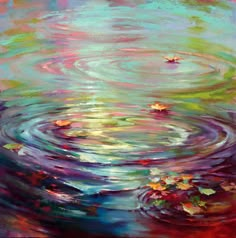 an oil painting of water lilies and leaves floating on top of each other in a pond