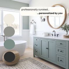 a bathroom with an oval mirror, tub and rug on the floor in front of it