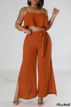 Olivia Mark - Stylish and Elegant Two-Piece Set: Vibrant Orange Solid Backless Spaghetti Strap Sleeveless Outfit Tube Top With Straps, Orange Jumpsuit, Sleeveless Suit, Black Two Piece, Sleeveless Outfit, Solid Color Pants, Two Piece Pants Set, Dark Orange, Dark Wear