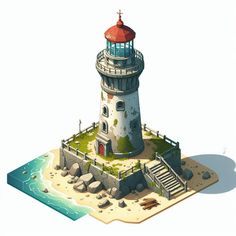 an island with a lighthouse and steps leading to the top is shown in this low poly model