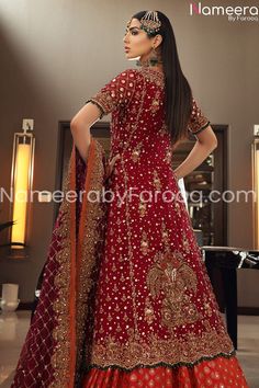 Pakistani Bridal Red Dress with Embroidered Gown is classical attire from latest bridal collection. Bridal Red dress embroidered with resham, dabka work. This stunning bridal red dress gives real princess look and it is perfect for wedding ceremony and for those looking for quality and delicate work. Gown: Gorgeous Bridal Gown in red color is adorned with in Kora, Dabka and Pearl work all over. Top front and back of the dress is made of heavy work with vertical lines at the back and motifs scatt Pakistani Bridal Red, Lehenga Latest, Latest Lehenga Designs, Reception Bridal Dress, Vip Dress, Pakistani Bridal Dress, Red Bridal Dress, Latest Bridal Lehenga, Desi Outfits