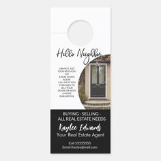 a door hanger with an advertisement for a real estate agent's house on it