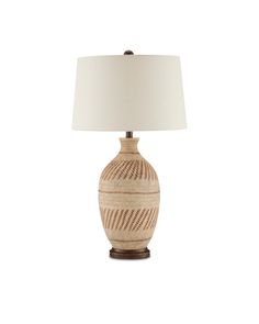 a table lamp with a white shade on it's base and a wooden base