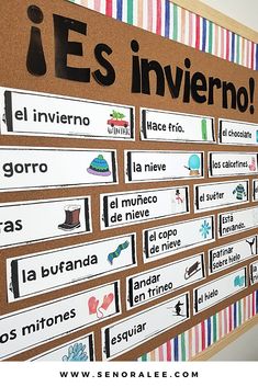 a bulletin board with spanish words and pictures on the wall in front of it that says, ies inverno