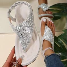 Olivia Mark - Chic Flat Sandals with Fan-Shaped Upper and Water Diamond Embellishments White Fashion Casual, Chic Flats, Embellished Flats, Rhinestone Flats, Woven Sandals, Womens Sandals Summer, Rhinestone Shoes, Slides Women, Womens Sandals Flat