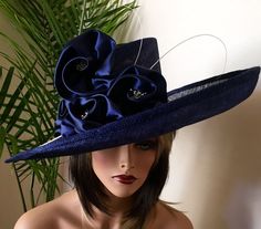 Kentucky Derby hat. Royal Ascot .Formal hat. Navy blue wide brim hat for Del Mar races, wedding or other occasions Elegant Fitted Hats With Handmade Flowers, Elegant Fitted Hat With Handmade Flowers, Formal Hats With Handmade Flowers And Curved Brim, Wide Brim Hats With Handmade Flowers For Royal Ascot, Evening Hats With Handmade Flowers And Curved Brim, Hats With Handmade Flowers And Curved Brim For Races, Curved Brim Hats With Handmade Flowers For Races, Elegant Hats With Handmade Flowers And Curved Brim, Elegant Hats With Handmade Flowers And Short Brim