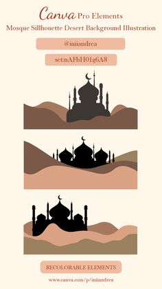 the silhouettes of mosques are shown in three different colors and sizes, including one with