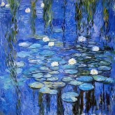 an oil painting of water lilies and lily pads on a blue background with white flowers