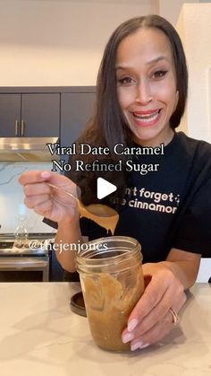 a woman sitting at a table with a jar of food in front of her and the words virtual date caramel no refried sugar