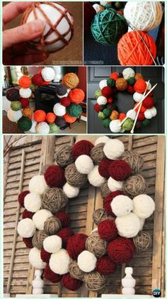 yarn balls are arranged in the shape of a wreath and then placed on top of each other