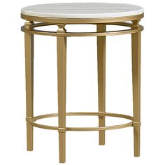 a white marble topped table with gold metal frame and round base, on an isolated white background