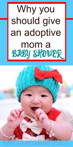 a baby wearing a knitted hat with the words why you should give an adoptive mom a baby shower