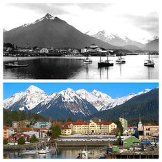 black and white photos of boats in the water with snow capped mountains in the background