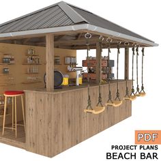 a 3d rendering of a beach bar with swings and stools on the outside wall