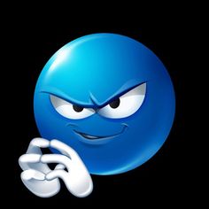 a blue emotictor with one hand on his chin and the other pointing at it