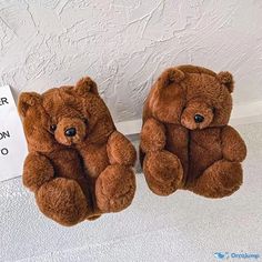 two brown teddy bears sitting next to each other