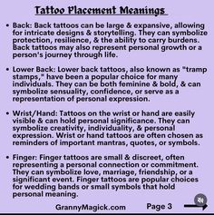 the back side of a purple poster with words describing tattoo placement meaningss and instructions