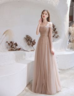 Evening Dress Nude Color A Line Bateau Neck Floor Length Sequins Formal Party Dresses Pageant Dress Pink Tulle Evening Dress, Prom Dress Lace, Dress Display, Professional Dress, Prom Dresses With Pockets, Tulle Evening Dress, Pink Prom Dress, Beaded Tulle, White Prom Dress