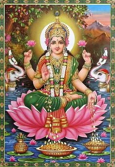 the hindu goddess sitting on top of a lotus flower in front of a lake with swans