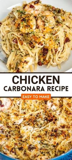 chicken carbonara recipe in a skillet with text overlay that reads chicken carbonara recipe easy to make