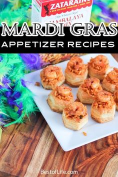 mardi gras appetizer recipe on a white plate with colorful feathers in the background