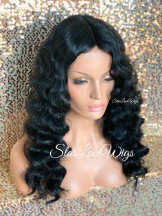 Type of Hair:  Synthetic Hair Texture:   Wavy Hair Length:   Long  Hair Color:   Available in #1, #1b & #2  Cap Style:   This is a regular wig (NOT A LACE FRONT) - (cap stretches)  Heat Safe:   Heat resistant up to 350 degrees      HEAT SAFE The synthetic and human hair blend wigs in the store are heat safe and can be curled and flat ironed.  Please note that it is recommended that the heat settings be low (340 to 350 degrees).  Flexi-rods and/or rollers can also be used to achieve a curled look.   MAINTENANCE Wigs are not indestructible and should be cared for properly to extend the wear/use.  Wigs in general do have a tendency to shed.  Additionally, the longer a wig is the more it tends to tangle.  This can be kept to a minimum depending on how well it is maintained.  All of the wigs in Deep Wave Middle Part, Cheap Wigs For Sale, Black Wavy Hair, My First Wig, Flexi Rods, Cheap Wigs, Hair Wigs For Women, Long Hair Color, Wigs For Sale