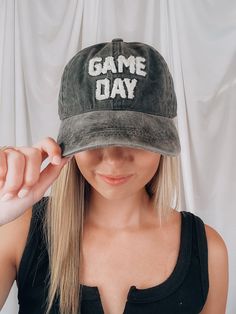 DESCRIPTION: Chenille "Game Day" Baseball Cap- One Size Fits Most- Adjustable- 100% Cotton Casual Snapback Hat With Letter Print For Game Day, Snapback Baseball Cap With Letter Print For Game Day, Game Day Baseball Cap With Letter Print Snapback, Game Day Hat With Letter Print And Curved Brim, Curved Brim Hat With Letter Print For Game Day, Everyday Baseball Cap With Letter Print, Game Day Letter Print Baseball Cap With Curved Bill, Everyday Dad Hat With Letter Print For Baseball Season, Game Day Baseball Cap With Letter Print