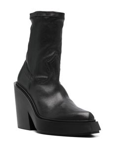 Black calf leather boots, pointed toe, Western-style panelling, ankle-length, branded insole, unlined, high block heel, rubber outsole, pull-on style, heel height 100mmComposition: Leather, 100% Fall Pointed Toe Boots With Medium Fit, Fall Medium Fit Boots With Pointed Toe, Modern High Ankle Heeled Boots With Leather Sole, Calf Leather Heeled Boots With Pointed Toe, Platform Boots With Rubber Heel Cap And Pointed Toe, Calf Leather Boots With Sculpted Heel And Pointed Toe, Calf Leather High Heeled Boots With Rubber Cap, Calf Leather Pointed Toe Platform Boots For Fall, Fall Calf Leather Platform Boots With Pointed Toe