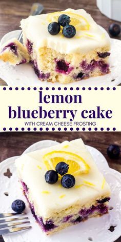 lemon blueberry cake with cream cheese frosting is on a white plate and has a bite taken out of it