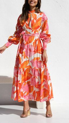 Multi print maxi dress High neckline  Long balloon sleeves with button up cuff Layered and tiered skirt  Invisible back zip with button closure on neckline  Keyhole split in front top  Detachable self waist tie Style Upgrade, Halter Maxi Dresses, Daily Dress, Long Sleeve Midi, Long Sleeve Midi Dress, Maxi Dress With Sleeves, Printed Maxi, Lantern Sleeves, Printed Maxi Dress