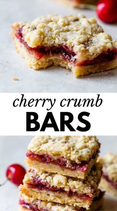 cherry crumb bars stacked on top of each other