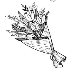 a bouquet of flowers is drawn in the style of a pencil drawing, with leaves on it