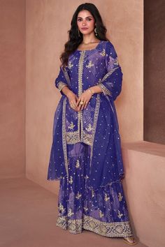 Violet Embroidered Faux Georgette Sarara Kameez Pakistani Sharara Suit, Pakistani Sharara, Patiyala Dress, Purple Bottom, Ethnic Outfits