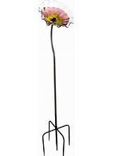 a metal stand with a pink flower on it's top and two black legs