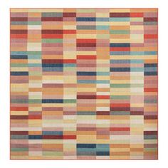 a multicolored rug with squares and stripes on the bottom, in various colors