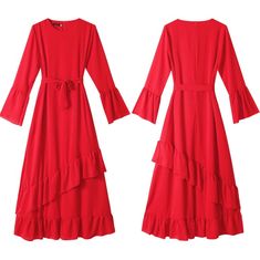 Classic Layered Ruffled Dress_5 Flowy Long Sleeve Belted Dresses, Long Sleeve Chiffon Dress With Ruffle Hem For Party, Flowy Belted Maxi Dress For Party, Elegant Belted Chiffon Dresses, Elegant Chiffon Belted Dresses, Chiffon Belted Dress For Party, Formal Long Sleeve Chiffon Dress With Ruffles, Chiffon Long Sleeve Dress With Ruffle Hem, Red Chiffon Dress With Ruffle Hem