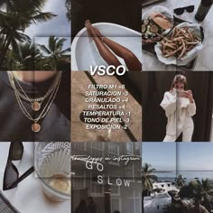 a collage of photos with the words vsco in spanish and an image of a woman wearing sunglasses