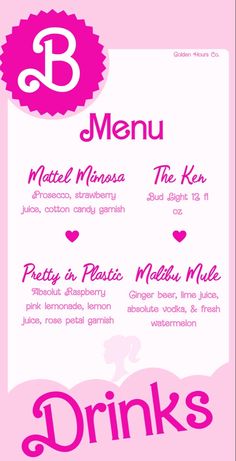 the menu for drinks is shown in pink