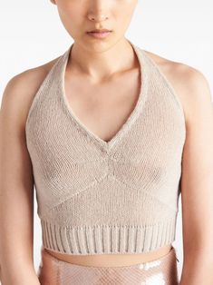 Prada Halterneck Knitted Cropped Top - Farfetch Knit Wear, Seductive Clothes, Versace Outfit, City Dress, Triangle Logo, Sand Beige, Summer Beach Wear, Cashmere Wool, Knitting Inspiration