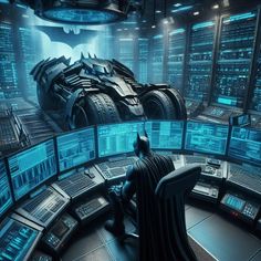 the dark knight batmobile is sitting in front of multiple computer screens and monitors, all lit up with blue lights