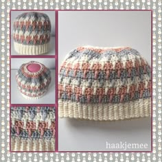 a crocheted hat is shown in three different pictures