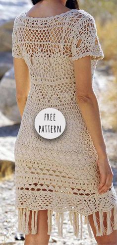 a woman wearing a crochet dress with the words free pattern written on it