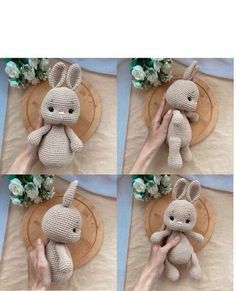 four pictures of a stuffed animal being held by someone's hand with flowers in the background