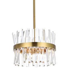 a gold chandelier with clear glass pieces hanging from it's center point