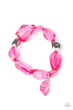 Infused with shiny silver beads, a glassy collection of pink crystal-like beads are threaded along a stretchy band around the wrist. A faceted pink crystal-like bead dangles from the wrist, creating a glittery charm.   Sold as one individual bracelet. Live Text, Bead Dangles, Blue Beaded Bracelets, Jewelry Images, Band Bracelet, Paparazzi Accessories, Pink Beads, Paparazzi Jewelry, Pink Bracelet