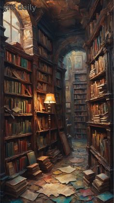 a painting of a library filled with lots of books