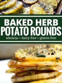 baked herb potato rounds on a plate with text overlay that reads baked herb potato rounds